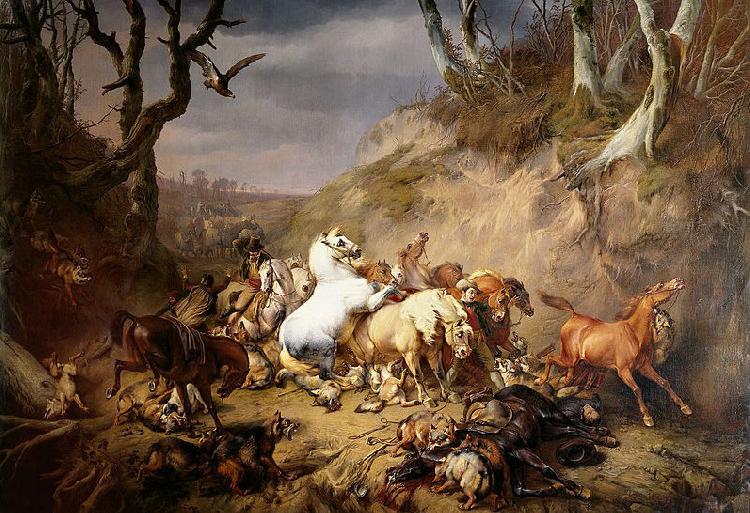 Eugene Verboeckhoven Hungry Wolves Attacking a Group of Horsemen oil painting image